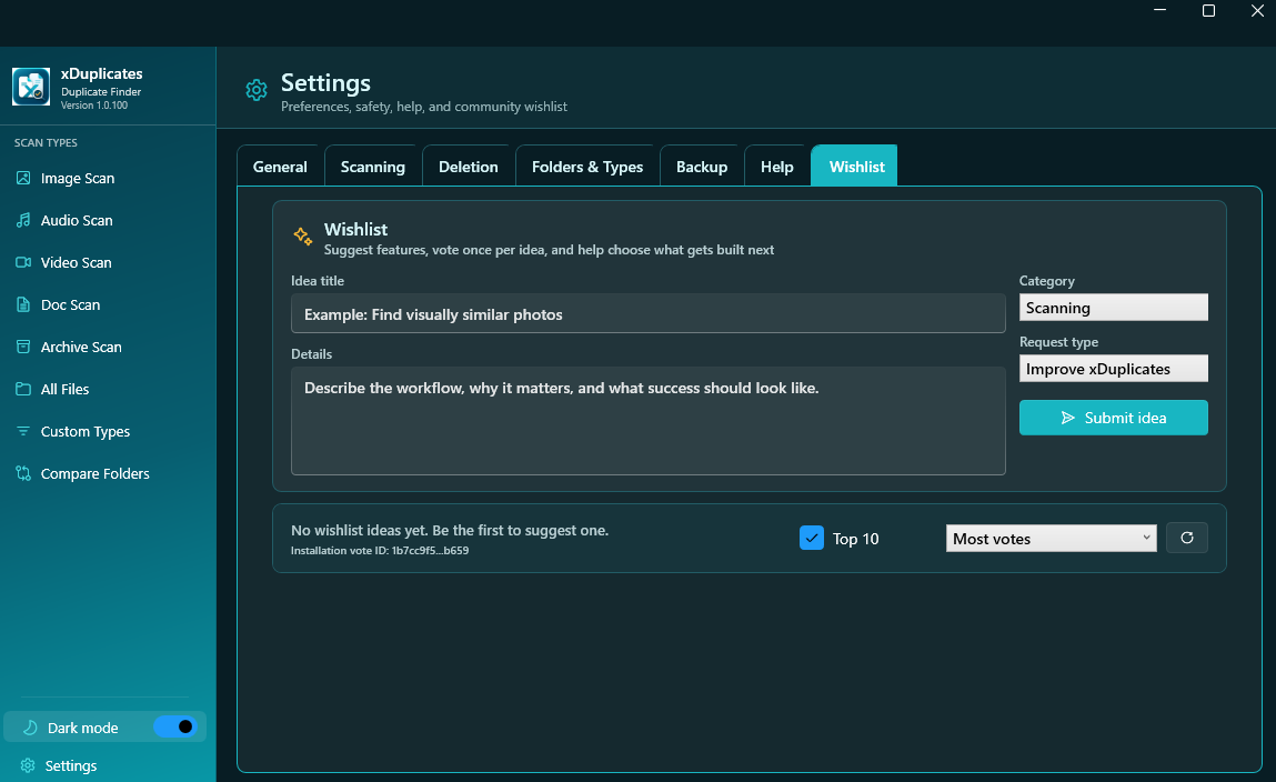 xDuplicates configuration page screenshot